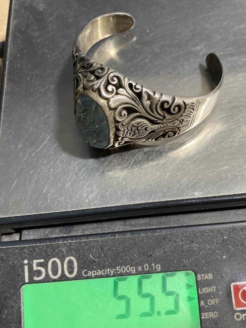 Vintage Antique Style Thistle Design Carved Aquamarine Intaglio Bracelet 950 55g - Picture 13 of 14